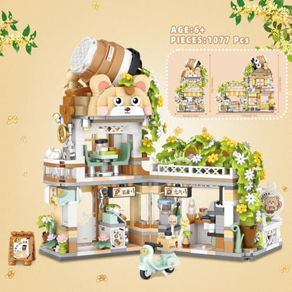 Street View Coffee Shop Mini Building Blocks, MOC Creative Building Toys Cute Animals Building Set for Girls 6-12, Simulation Architecture Construction Toy, Gift Idea for Kids Adults (1077 PCS) - style: Coffee Shop