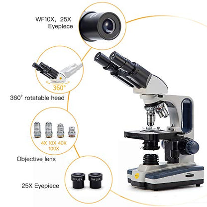 Swift Binocular Compound Microscope SW350B, 40X-2500X Magnification,Siedentopf Head,Research-Grade,Two-Layer Mechanical Stage,1.3mp Camera and Software Windows and Mac Compatible - style: SW350B+1.3MP Camera