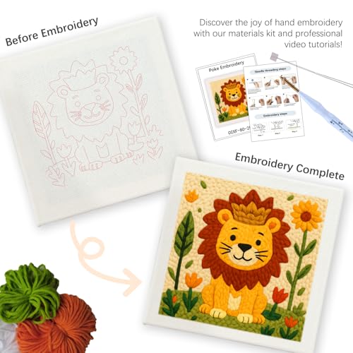 SDOYUNO Punch Needle Kit with Frame for Adults Beginners Kits 9.84 x 9.84 Inch Embroidery Starter Kits Punch Needle Kit with Lion Pattern, Threader, Yarns, Rug Punch, DIY Craft Kits (Yellow) - color: yellow