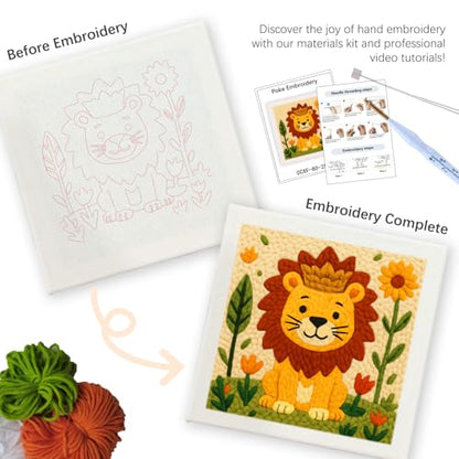 SDOYUNO Punch Needle Kit with Frame for Adults Beginners Kits 9.84 x 9.84 Inch Embroidery Starter Kits Punch Needle Kit with Lion Pattern, Threader, Yarns, Rug Punch, DIY Craft Kits (Yellow) - color: yellow