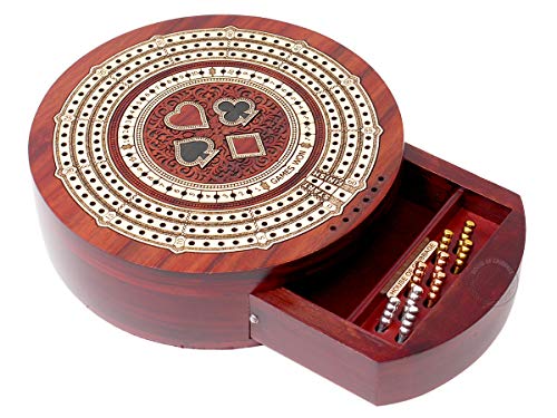 House of Cribbage - Round Shape 3 Track Non-Continuous Cribbage Board - Push Drawer Storage for Pegs and 1 Deck of Cards with Score Marking Fields for Won Games (Bloodwood/Maple Wood) - color: Bloodwood / Maple Wood
