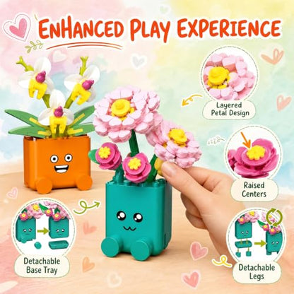 Botanicals Happy Plants Building Sets | 2 Cute Happy Plants Flowers Set, Succulents Botanical Collection for Home Office Décor, Gift for Women Wife Mom(222Pcs) - style: Orange and Green
