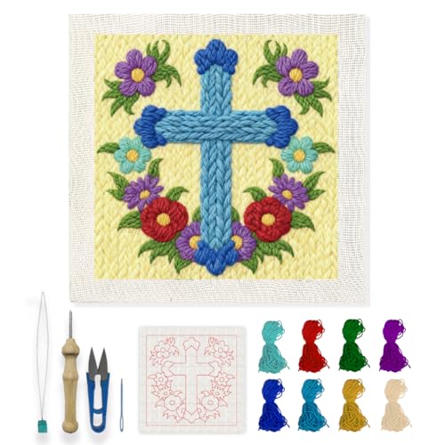 INFUNLY Cross Flowers Punch Needle Kits for Beginner Adult Floral DIY Punch Needle Embroidery Starter Kit for Wall Hanging Blue Cross Needlepoint Kit with Instruction for DIY Crafts Gift Home Decor - style: Cross Flowers