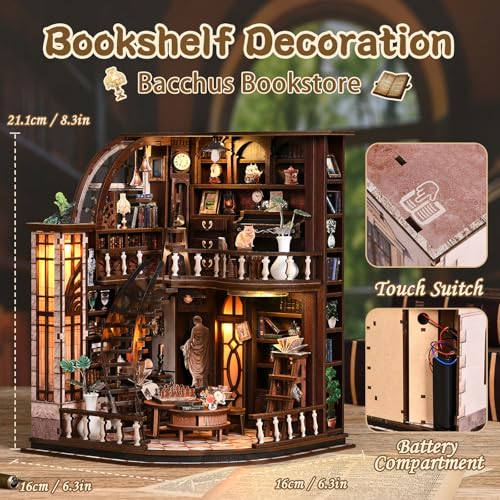 DIY Miniature House Kit for Adults & Teens, Grand Bookstore Scene Mini House Decor with LED, 3D Wooden Puzzle Gift for Book Lovers & DIY Fans (Bacchus Bookstore) - style: Bacchus Bookstore