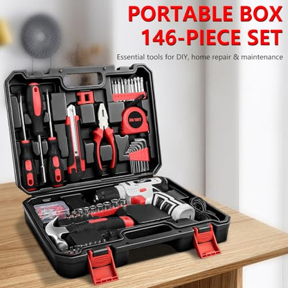 JENABOM Tool Set, 146-Piece Home Tool Kit with 8V Cordless Drill - color: Red