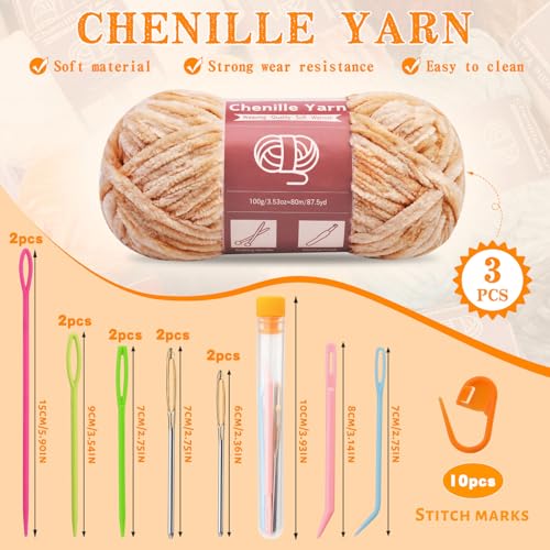 LUNARM Chenille Yarn 3 Pack 3.5oz Chunky Blanket Velvet Yarn 263 Yard - color: Light Brown