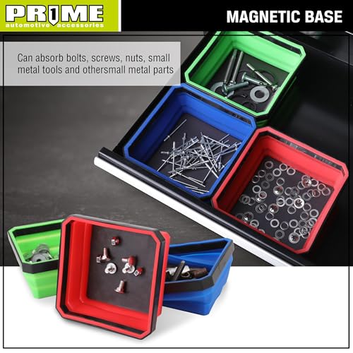 PR1ME Collapsible Magnetic Parts Tray Set, Foldable Magnetic Tray, 3 Pieces 4.25 inch Square Silicone Bowls with Magnetic Base Stores and Organizes Small Parts and Tools (Pack of 2) - size: Basic Trays (Pack of 2)