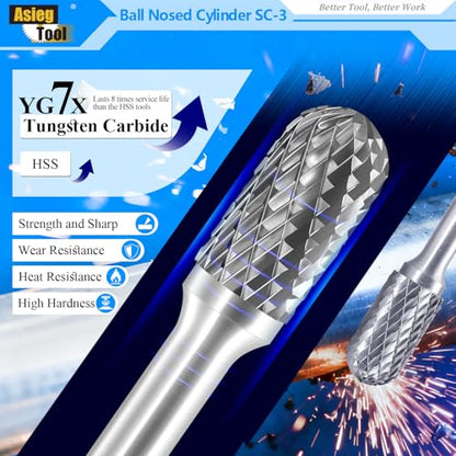 SC-3 Tungsten Carbide Burr Rotary File Cylindrical Ball Nose End Shape Double Cut for Die Grinder Drill Bits 1/4'' Inch Diameter of Shank and 3/8'' Inch Diameter of Cutter 3/4'' Inch Cutter Length - style: SC-3
