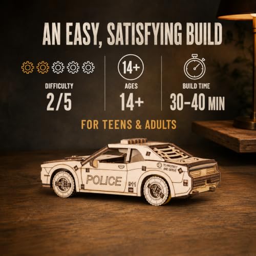 EWA Eco-Wood-Art Pocket Police Car - 3D Wooden Puzzle Mechanical Model Kit DIY Wood Construction Set