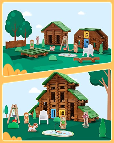 SainSmart Jr. 214 PCS Wooden Logs Cabin Set Ages 3, Building Log Gift for Boy/Girl, Creative Construction Engineering Educational Toy, Vacation Chalet - style: 214 PCS Holiday House