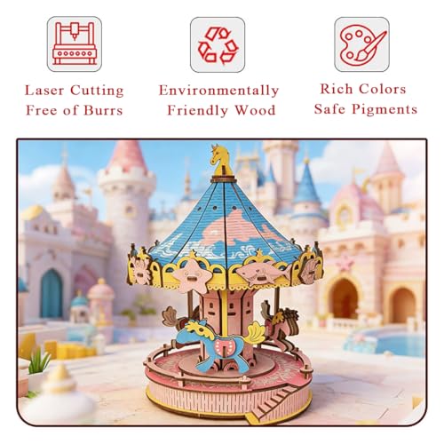 3D Wooden Carousel Puzzle, DIY Handcraft Merry‑Go‑Round Model Kit