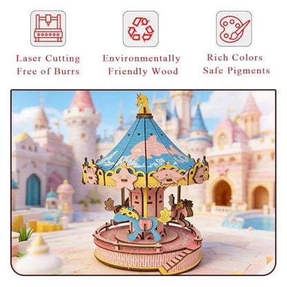 3D Wooden Carousel Puzzle, DIY Handcraft Merry‑Go‑Round Model Kit