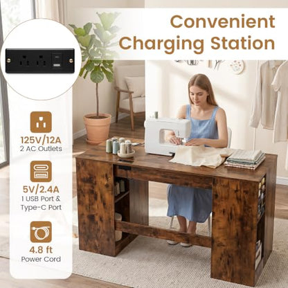 COSTWAY Sewing Machine Table with Power Outlets, Massive Storage (Brown) - color: Brown
