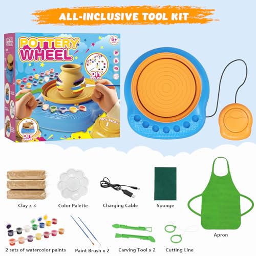 Pottery Wheel for Kids with Air Dry Clay Kit, 12 Paints & Tools, Ages 6-12 - color: yellow/blue