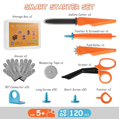 SainSmart Jr. Cardboard Tools for Kids with Safe Cutter, Tool Box & Tape Measure, 120 PCS Cardboard Construction Kit for Family & Classroom Activities | Reusable Cutting Tools for Boys & Girls Age 5+ - size: 120 PCS