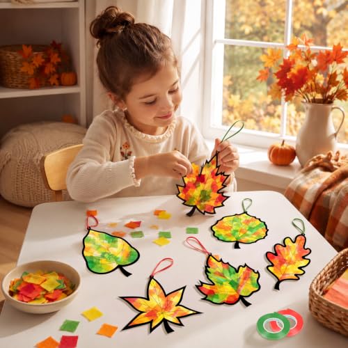 48PCS Fall Crafts Bulk: Leaves Paper Suncatchers DIY Kit for Autumn Thanksgiving Activities Decorations, Window Stained Glass Effect Art Supplies(Black,Style 2) - style: fall leaves black frame
