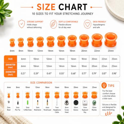Oyaface 20 PCS Piercing Tunnel Set Soft/Hard Silicone Flesh Ear Plugs 2g-25mm Flexible Ear Stretching Gauge Expander - color: Orange