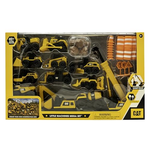 CAT Construction Toys, Little Machines Mega Set – 40+ Pieces with XL Crane & Excavator, 10 Mini Vehicles, Road Signs, Cones, Boulders & Barricades, Indoor/Outdoor STEM Toy for Kids Ages 3 + - style: Mega Set