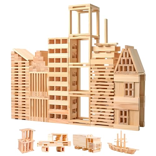 Wooden Building Blocks Set - 200-Piece Plank Block Construction Toys, STEM Educational Wood Toy for Kids and Toddlers
