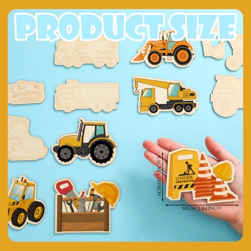 JellyArch 24 Pcs Construction Painting Kits Unfinished Wood Construction Trucks Cutouts DIY Wooden Painting Bulk Crafts Cutouts Refrigerator Magnets for Home Decor Gift - style: Construction Vehicles