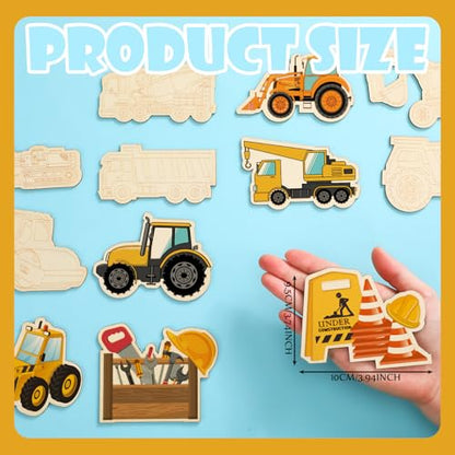 JellyArch 24 Pcs Construction Painting Kits Unfinished Wood Construction Trucks Cutouts DIY Wooden Painting Bulk Crafts Cutouts Refrigerator Magnets for Home Decor Gift - style: Construction Vehicles