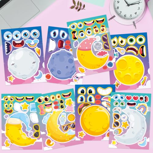 24 Sheets Moon Make a Face Sticker, Moon Mix and Match Stickers DIY Crafts for Home School Classroom Activity Reward Party Favors - style: Moon