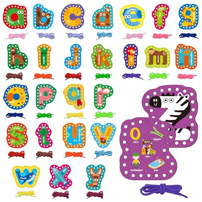 SpriteGru 26PCS Alphabet Lacing Cards, Lowercase Letters Sewing Kit with 26 Double-Sided Cards and 26 Colorful Laces Alphabet Learning Toy Motor Skills Art Crafts for Toddlers, Kids, Students - color: Lowercase Letters