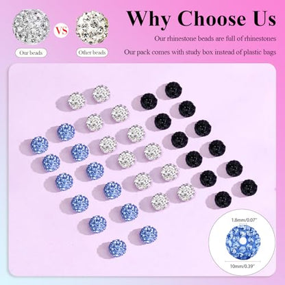 Dowarm 255PCS 10mm Rhinestone Beads for Baseball Rhinestone Necklace Bracelet Jewelry Making, Round Polymer Clay Beads for Crafts Beaded Pen, Shamballa Pave Diamond Bead, Ice Blue|White|Black - color: 11-Ice Blue | White | Black