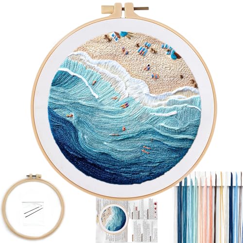 FONNUY Beach Ocean Embroidery Kit, Cross Stitch Kits for Beginners, Handmade Crafts with Printed Patterns for Beginner Adults, Easy to Follow Color Thread Needlework, 8'' Hoop (Ocean) - color: Ocean