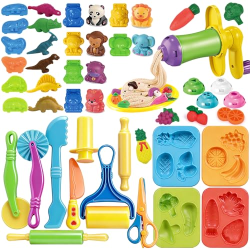 31 Pcs Dough Tools, Dough Play Tools Set + Kitchen Spaghetti Maker Machine Clay and Dough Accessories with Rolling Pins, Clay Cutters, Safety Scissors, 3D Dino & Animal & Fruit Molds