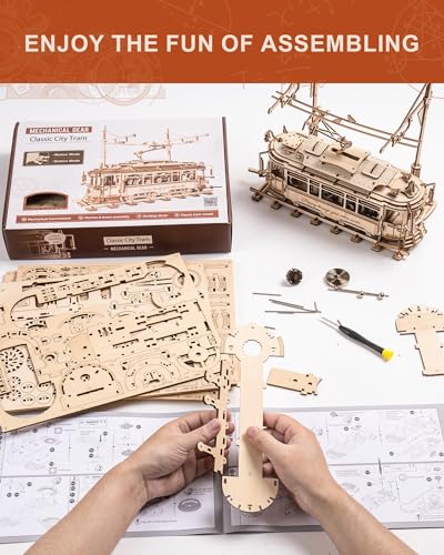 ROKR 3D Wooden Puzzles Model Car Kits for Adults to Build - Wooden Toy Tram Train Set with Railway - Wood 3D Puzzles for Adults - Gift Idea for Christmas Father's Day Birthday