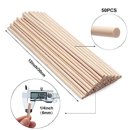 Wood Dowels Wooden Dowel Rods 1/4 x 12, 50 PCS Wooden Sticks for Crafts, Macrame Dowels, Unfinished Small Wood Sticks for Crafting, Lollipops and Tiered Cake, Photo Booth Props, Wedding Ribbon Wands - size: 1/4"×12"-50PCS