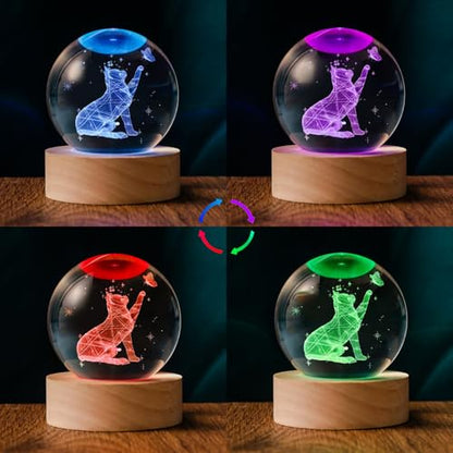60mm 3D Crystal Ball Cat Lover Gifts for Women Cat Themed Sympathy Figurines Decor Gifts with Wooden Light Base - style: 3D Cat