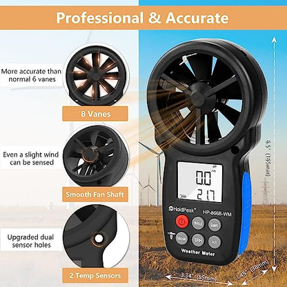HoldPeak Handheld Anemometer Barometer, Weather Meter for Wind Speed, Temperature, Humidity, Dew Point, Altitude, Barometric Pressure, Wind Chill Measuring, Digital Wind Guage 866B-WM - color: 866B-WM (1 PC)