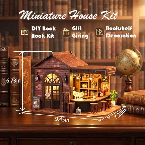 Book Nook Kit, 3D Wooden Miniature Tavern & Pub Dollhouse with LED Lights - DIY Mini House Craft Model for Adults, Birthday Valentine's Day Gift for Women Men - style: Victorian Pub Bar