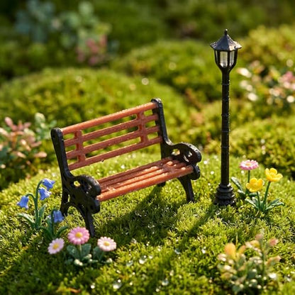 1:24 Scale Miniature Bench Set of 3 with Street Lamp, Realistic Brown Park Seats for Micro Landscape Decor, Train Platform Scene, Collectible Miniature Furniture & Model Accessories
