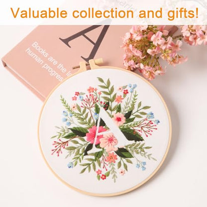 Harimau Letter A Pattern Embroidery Kit for Adult Beginners, Complete Starter Pack with 1 Hoop, Needles, Instruction Guide & Embroidery Stitch Video Tutorials - color: White A