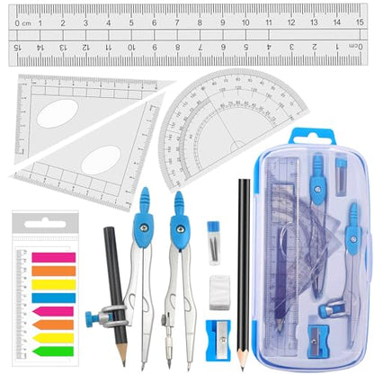Akuoly Math Compasses Back-to-School Starter Geometry Kit with 2 Drafting Compasses Protractor Set Squares Ruler and More for Students Maths Study Homework, Blue Set with Carry Case