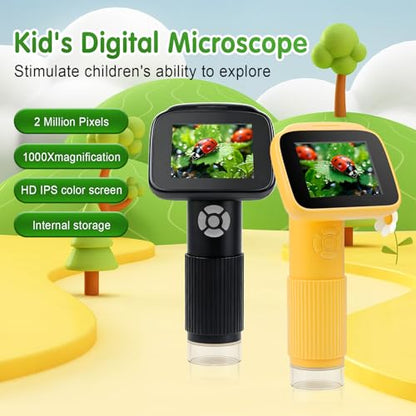 Microscope for Kids with 5 Slides, Adjustable 2.4inch IPS LCD Screen 1000X 1080P 32GB Card Digital Handheld Kids Microscope, Mini Portable Pocket Miniscope Science Toys Gifts for Boys Girls Aged 3-12 - color: Yellow
