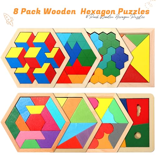 Jerify 8 Pack Wooden Tangram Puzzle for Kids, Wooden Hexagon Puzzles Block