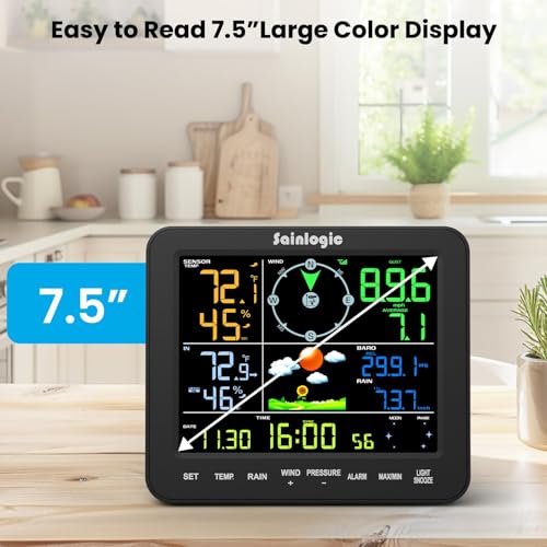 Sainlogic Wireless Home Weather Station with Rain Gauge and Wind Speed, Indoor Outdoor Temperature Humidity, Forecast, Moon Phase, Alarm Clock for Backyard Patio – No WiFi
