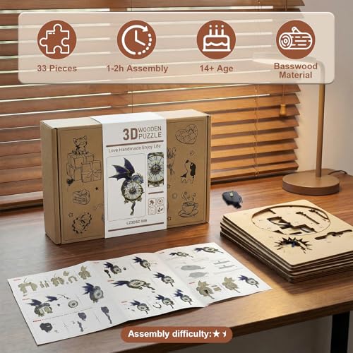 3D Puzzles for Adults, Wooden Blue Dragon Clock with Pendulum Model Kit - color: Blue Dragon