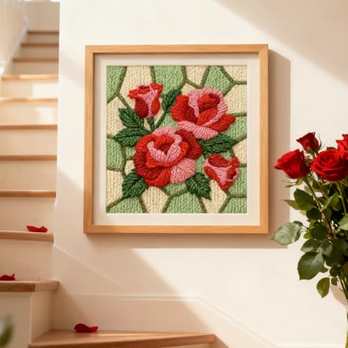 INFUNLY Roses Punch Needle Kit Square 9.4 Inches DIY Embroidery Punch Needle Set for Adults Red Pink Flowers Punches Stitching Starter Kits with Easy to Follow Instructions Festival Gift Home Decor - style: Roses