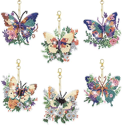 YUE ZHE 6PCS Butterfly Diamond Art Kits for Adults Double Sided Diamond Art Keychains Butterfly DIY 5D Painting Keychains Kits for Adults Beginners DIY Crafts - color: Butterfly style