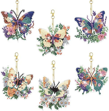 YUE ZHE 6PCS Butterfly Diamond Art Kits for Adults Double Sided Diamond Art Keychains Butterfly DIY 5D Painting Keychains Kits for Adults Beginners DIY Crafts - color: Butterfly style