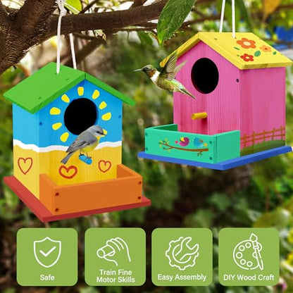LotFancy Bird House Kit, DIY Wooden Birdhouse Kits, Arts and Crafts Painting Kits for Kids Ages 4+, Build and Paint, Including Paints & Brushes - style: Build a Bird House