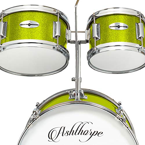 Ashthorpe 5-Piece Complete Kids Drum Set with Genuine Brass Cymbals - Junior Beginner Kit with 16" Bass, Throne, Hi-Hats, Pedals & Drumsticks - Green - color: Green