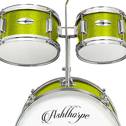 Ashthorpe 5-Piece Complete Kids Drum Set with Genuine Brass Cymbals - Junior Beginner Kit with 16" Bass, Throne, Hi-Hats, Pedals & Drumsticks - Green - color: Green