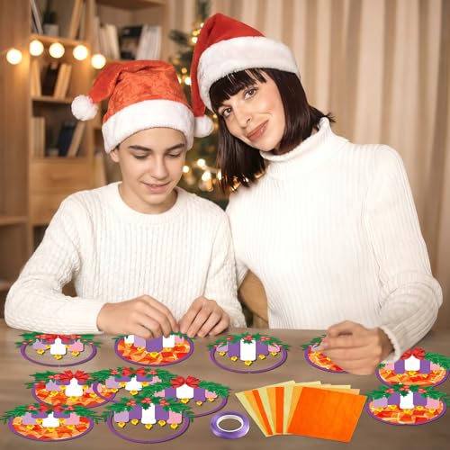 Qyeahkj 36 Set Christmas Advent Wreath Suncatchers Crafts for DIY Advent Candle Tissue Paper Craft Kit Hanging Decor for Xmas Holiday Home Activity Art Project Birthday Party Favor Gift - style: Christmas Advent Wreath