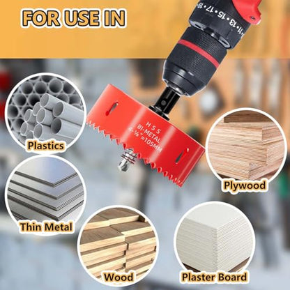 4-1/8 inch Bi-Metal Hole Saw Drill Bit - Ideal for Circular Cuts in Wood, Plastic, and Sheet Metal - 1-3/16" Cutting Depth - Includes Arbor and Pilot Bit - size: 4-1/8"(105mm)